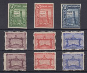 URUGUAY 1927-28 Sc 330-332 & 388-390 THREE FULL SETS HINGED MINT SCV$110.25