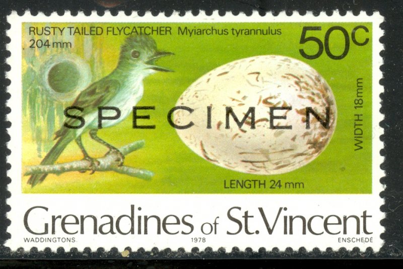 ST VINCENT GRENADINES 1978 50c Flycatcher Bird and Egg SPECIMEN Sc 146SP MNH