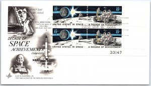 US FIRST DAY COVER A DECADE OF SPACE ACHIEVEMENT PLATE BLOCK (4) CACHET 1971