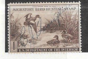 US #RW9 1942  $1 Federal Duck Stamp (U) violet brown  CV$45.00