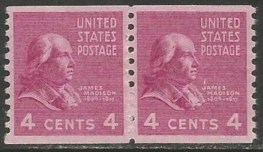 U.S. Scott #843 4-Cent Madison Stamp - Mint Coil Pair