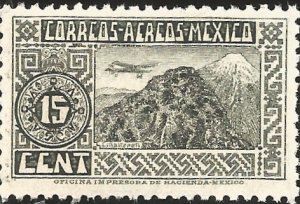 J) 1934 MEXICO, ORIZABA VOLCANO, SCOTT C67, 15 CENTS GRAY GREEN, MNH