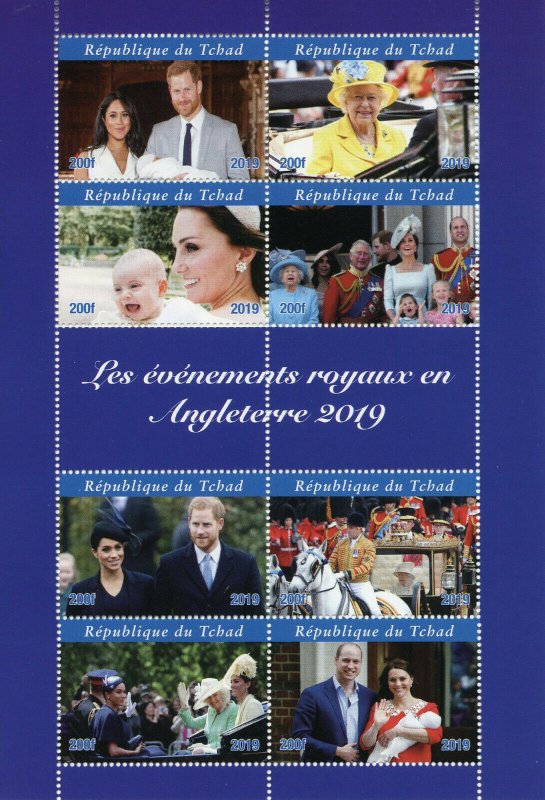 Chad Royalty Stamps 2019 MNH Queen Elizabeth II Prince Harry Meghan Archie 8v MS 