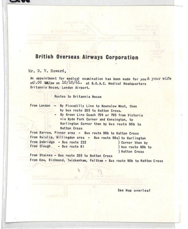 CE66 BOAC 1961 GB Medical Appointment Letter