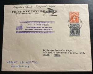 1954 Zanzibar First Flight Airmail Cover FFC To Pemba