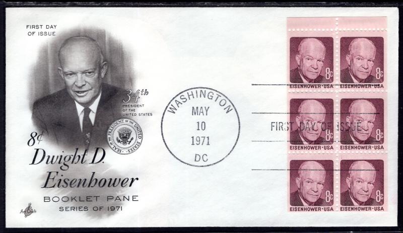 US 1395b Eisenhower Booklet Pane Artcraft U/A FDC