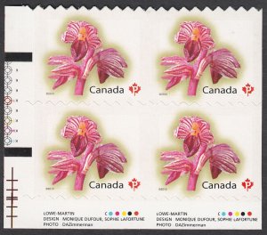 LL Vertically Uncut block of 4 from sheet of 100sts = ORCHID Canada 2010 #2357v+