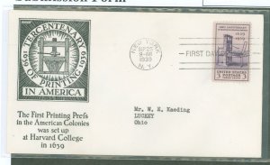 US 857 1939 3c The Tercentenary of Printing on an addressed, typed, FDC with an Anderson Cachet