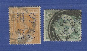 STRAITS SETTLEMENTS MALAYA Sc 180,186 used 2c + 5c stamps, H S / B C  PERFINS