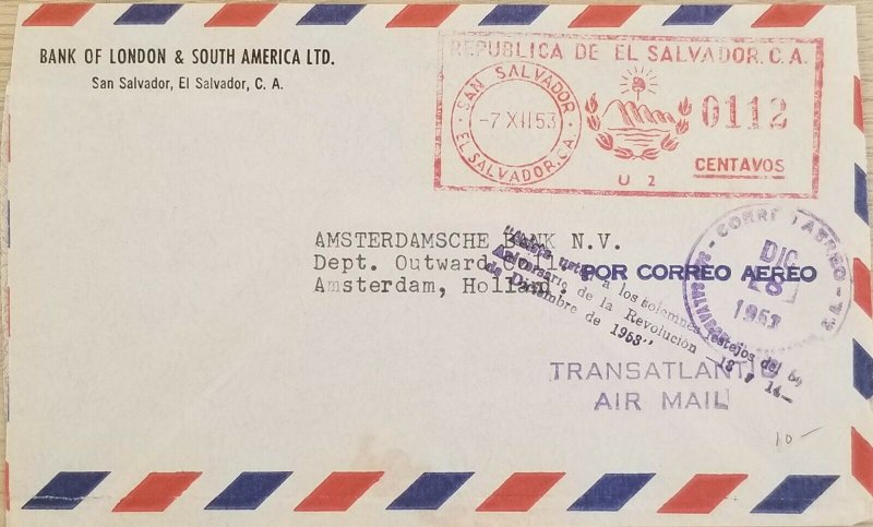 A) 1953, EL SALVADOR, METER STAMP, LETTER SHIPPED TO AMSTERDAM-HOLLAND, AIRMAIL,