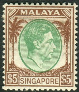 SINGAPORE-1948 $5 Green & Brown Perf 14.  A lightly mounted mint example Sg 15