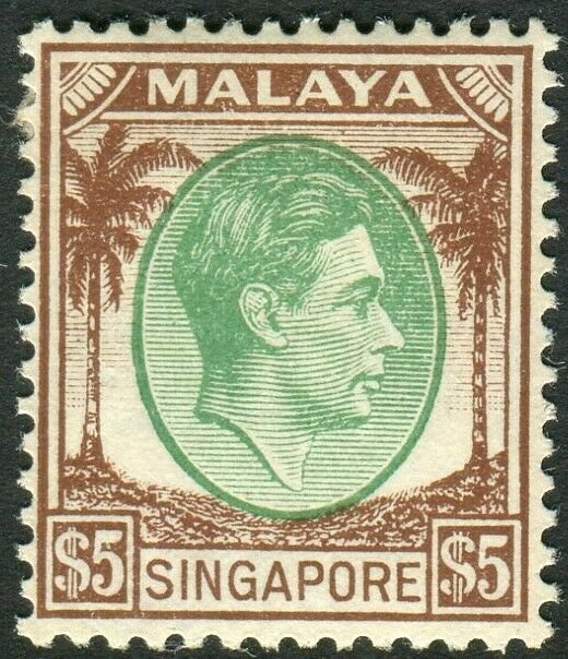 SINGAPORE-1948 $5 Green & Brown Perf 14.  A lightly mounted mint example Sg 15