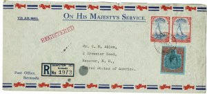 Bermuda 1952 OHMS registered, airmail cover to the U.S., franked 2/6d key plate