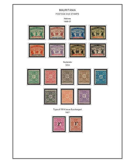 COLOR PRINTED MAURITANIA 1906-1944 STAMP ALBUM PAGES (15 illustrated pages)