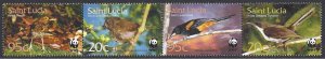 St. Lucia #1135a MNH strip of 4, WWF, various birds, issued 2001
