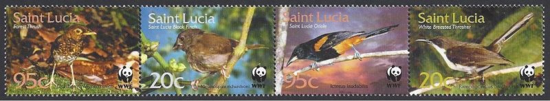 St. Lucia #1135a MNH strip of 4, WWF, various birds, issued 2001