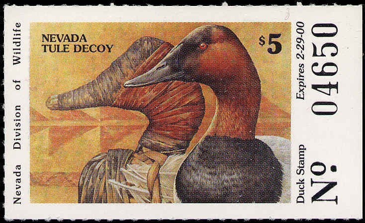 NEVADA #21 1999 STATE DUCK  STAMP CANVASBACK TULE DECOY by Sherie Russell Meline