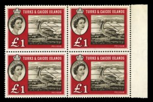 Turks & Caicos Islands #135 Cat$200, 1957 £1 QEII, block of four, never hing...