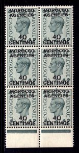 GREAT BRITAIN (MOROCCO) — SCOTT 87 — 1940 40c ON 4d KGVI — MNH BLK/6 — SCV $210