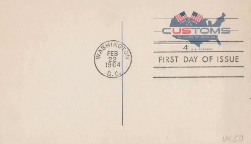 US First Day Cover Postcard 1964 Customs 175 Years Of Service Scott #UX50