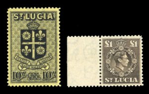 St. Lucia #125-126 Cat$16.50 (for hinged), 1938-40 10sh and £1, never hinged