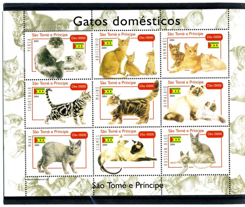 Sao Tome & Principe 2004 DOMESTIC CATS Sheet (9) Perforated Mint (NH)