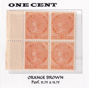 PRINCE EDWARD ISLAND # 11 VF-MNH BLOCK OF 4 1cts Q/VICTORIA ORANGE BROWN