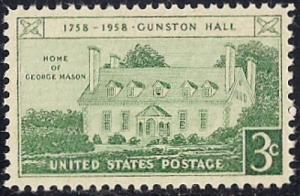 1108 3 cent Gunston Hall, VA, George Mason mint OG NH VF