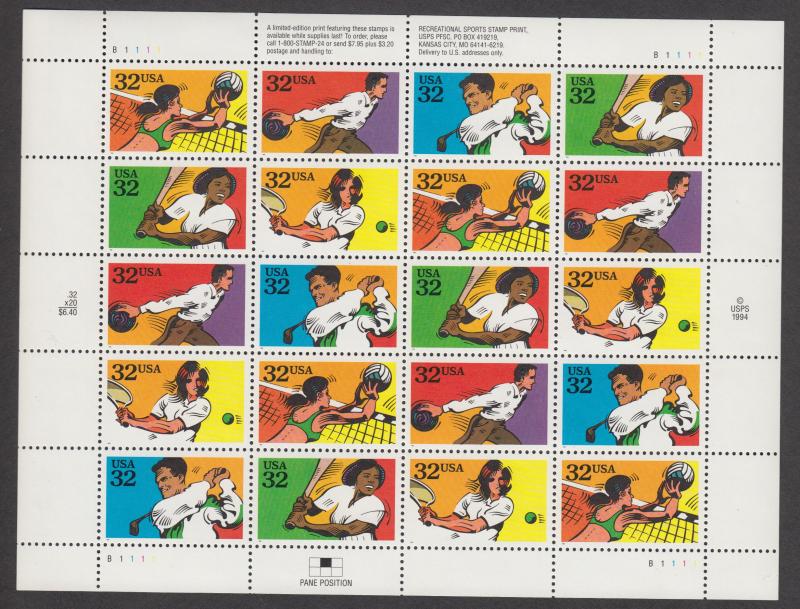 US #2961-65   Recreational Sports   Full sheet of 20  MNH