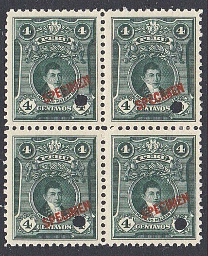 PERU 4c Melgar SPECIMEN opt in red + security punch hole blk of 4...........7916