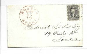 United States Scott 37 on cover to London - Red Boston Br Pkt cancel