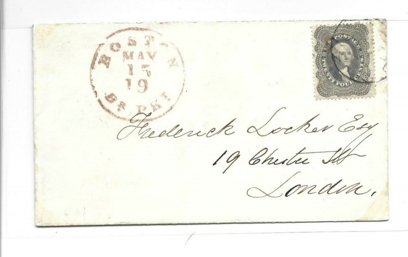 United States Scott 37 on cover to London - Red Boston Br Pkt cancel