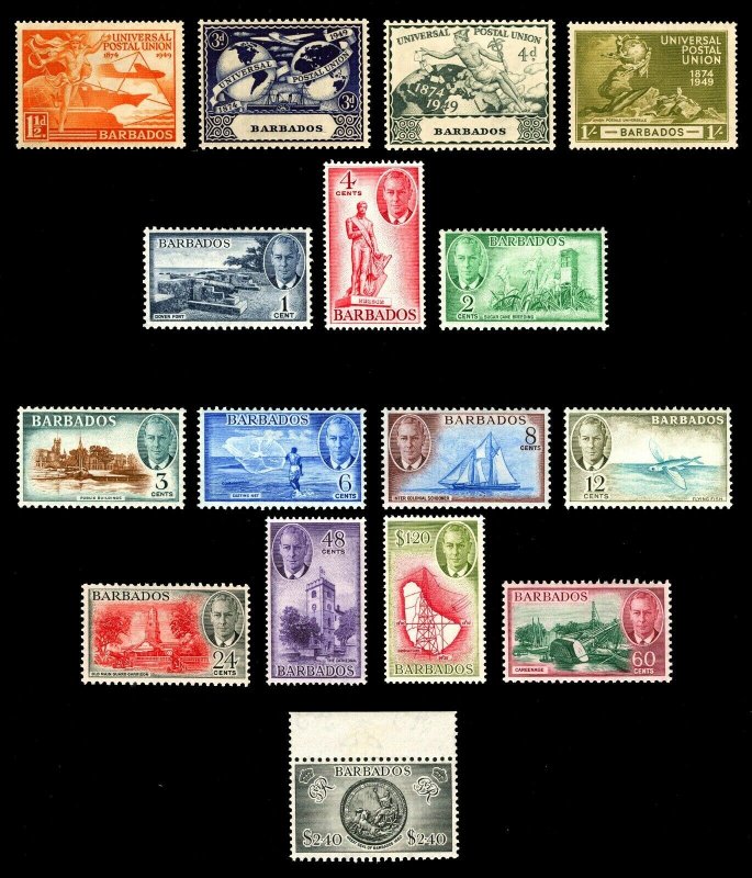 Barbados #212-#227 1949-50 1c-$2.40 UPU Set & King George VI Complete Set Choice