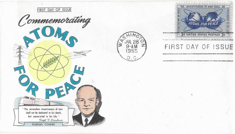 1955 FDC, #1070, 3c Atoms for Peace, Fluegel Covers
