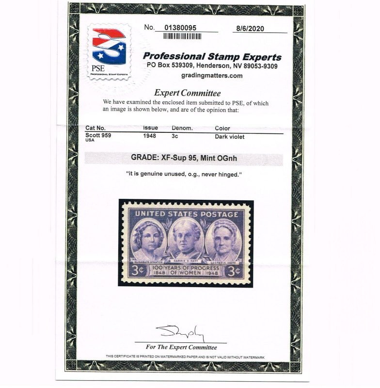 EXCEPTIONAL GENUINE SCOTT #959 MINT PRISTINE OG NH PSE CERT GRADED XF-SUPERB 95