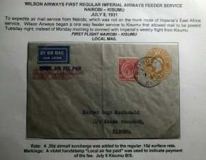 1931 Nairobi Kenya First Flight Cover FFC To Kisumu Wilson Airways