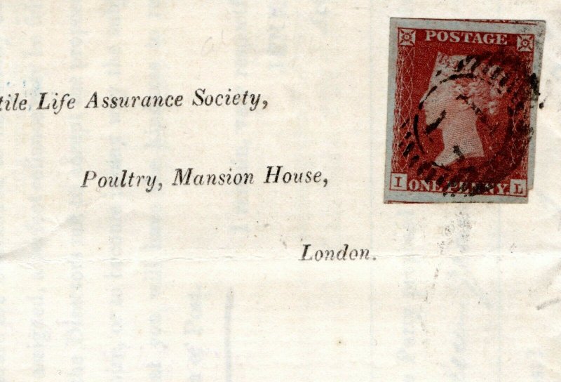 GB 1d Red Imperf Cover LARGE STAMP ALPHABET II Printed Insurance EL 1853 13a.23