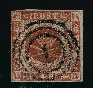 Denmark 1854 Scott #4a VF Great #1 Numerical cancel Cat $15