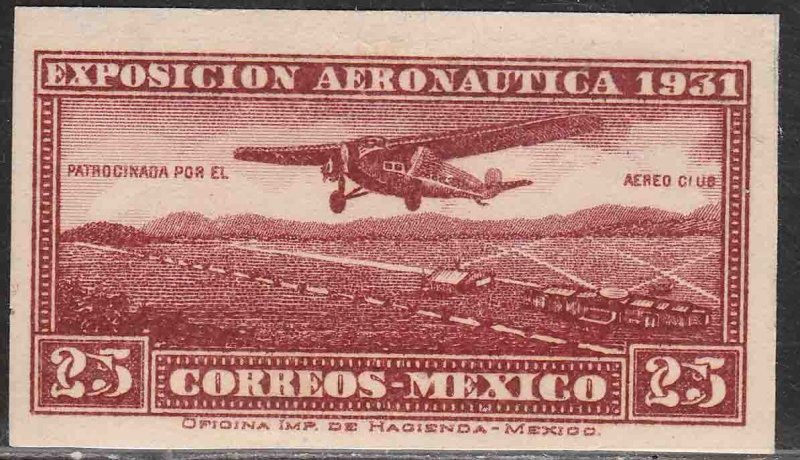 MEXICO C37a, 25¢ AERONAUTIC EXHIBITION, IMPERF. SINGLE. UNUSED H OG. F-VF.