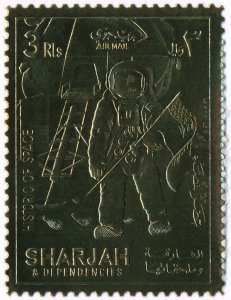 Sharjah MI 707A gold foil MNH Astronaut on the Moon, Flag