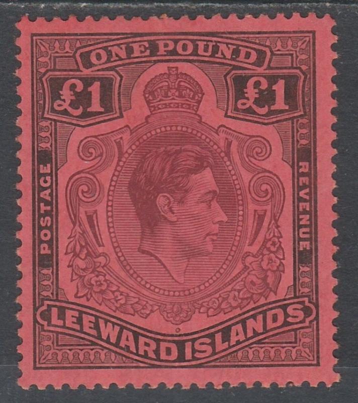 LEEWARD ISLANDS 1938 KGVI 1 POUND PURPLE AND BLACK /CARMINE PERF 14