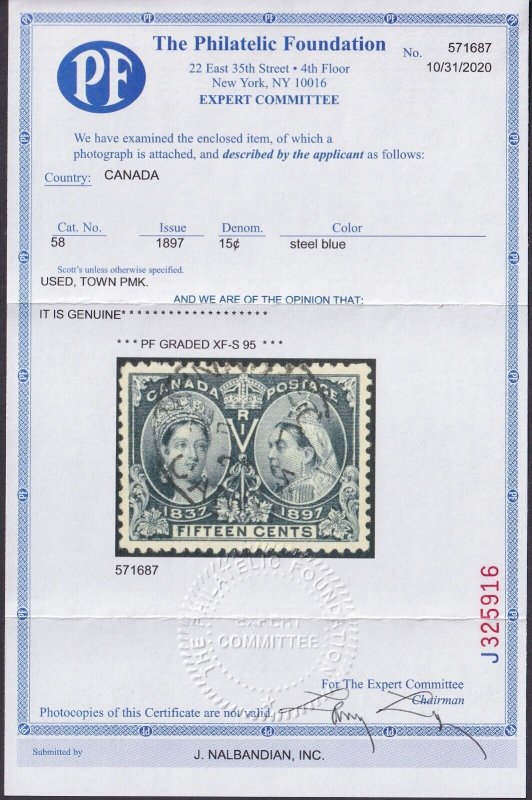 Canada, Scott 58, used GEM, w/ PF certificate (Graded XF-S 95)