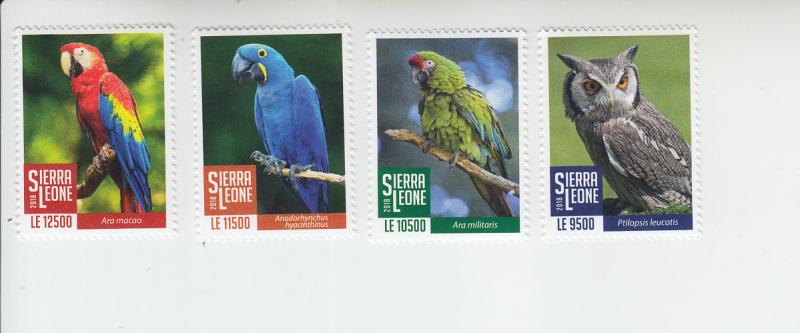 2018 Sierra Leone Birds Pt I Parrots & Owls (4) (Scott NA) MNH