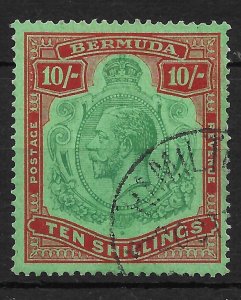 BERMUDA SG92gb 1930 10/= GREEN & RED ON DEEP EMERALD BROKEN CROWN & SCROLL USED