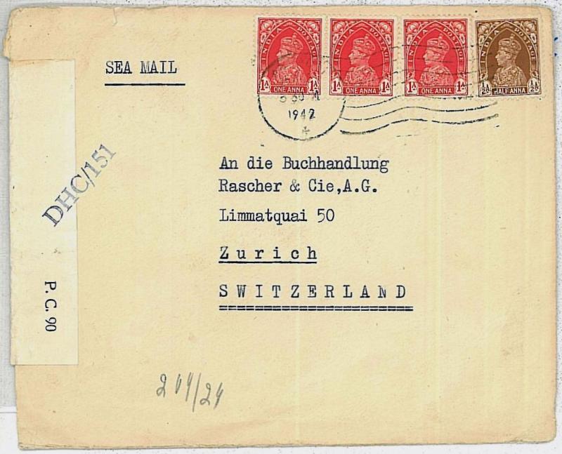 INDIA -  POSTAL HISTORY :  COVER to SWITZERLAND - SEA MAIL - CENSOR TAPE 1942