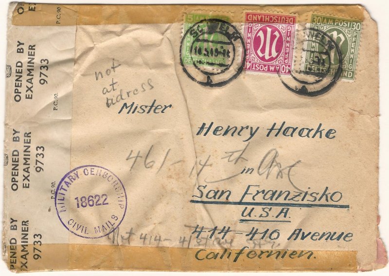 Germany A.M.G. 1946 Censored Cover from SCHWELM (N.Rhine-Westfal.) to California