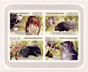 GUINEA BISSAU 2008 SHEET OWLS BIRDS ORCHIDS PORCUPINES WILDLIFE