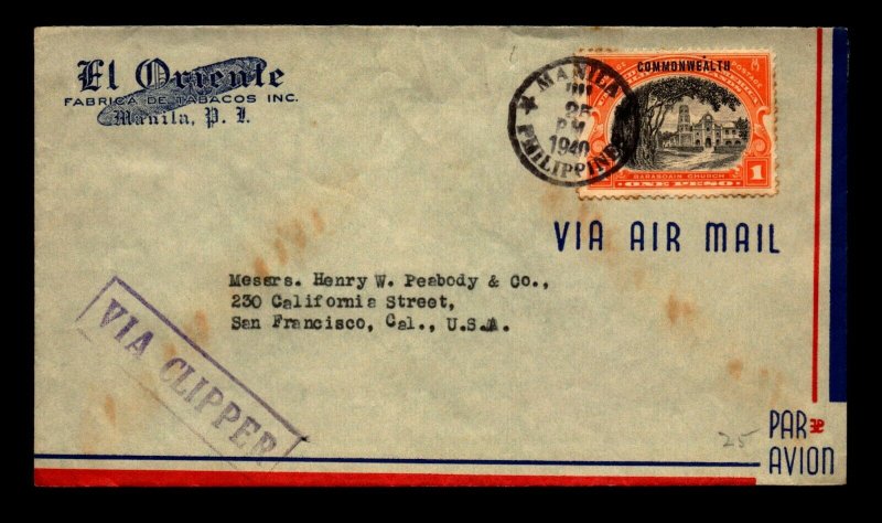 Philippines 1940 Clipper Cover to USA - L22593