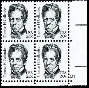 US Scott # 1861 MNH Block of Four Great Americans: Thomas H. Gallaudet
