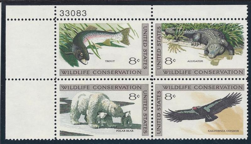 1427 30 Plate block 8cent Wildlife Conservation Trout Condor